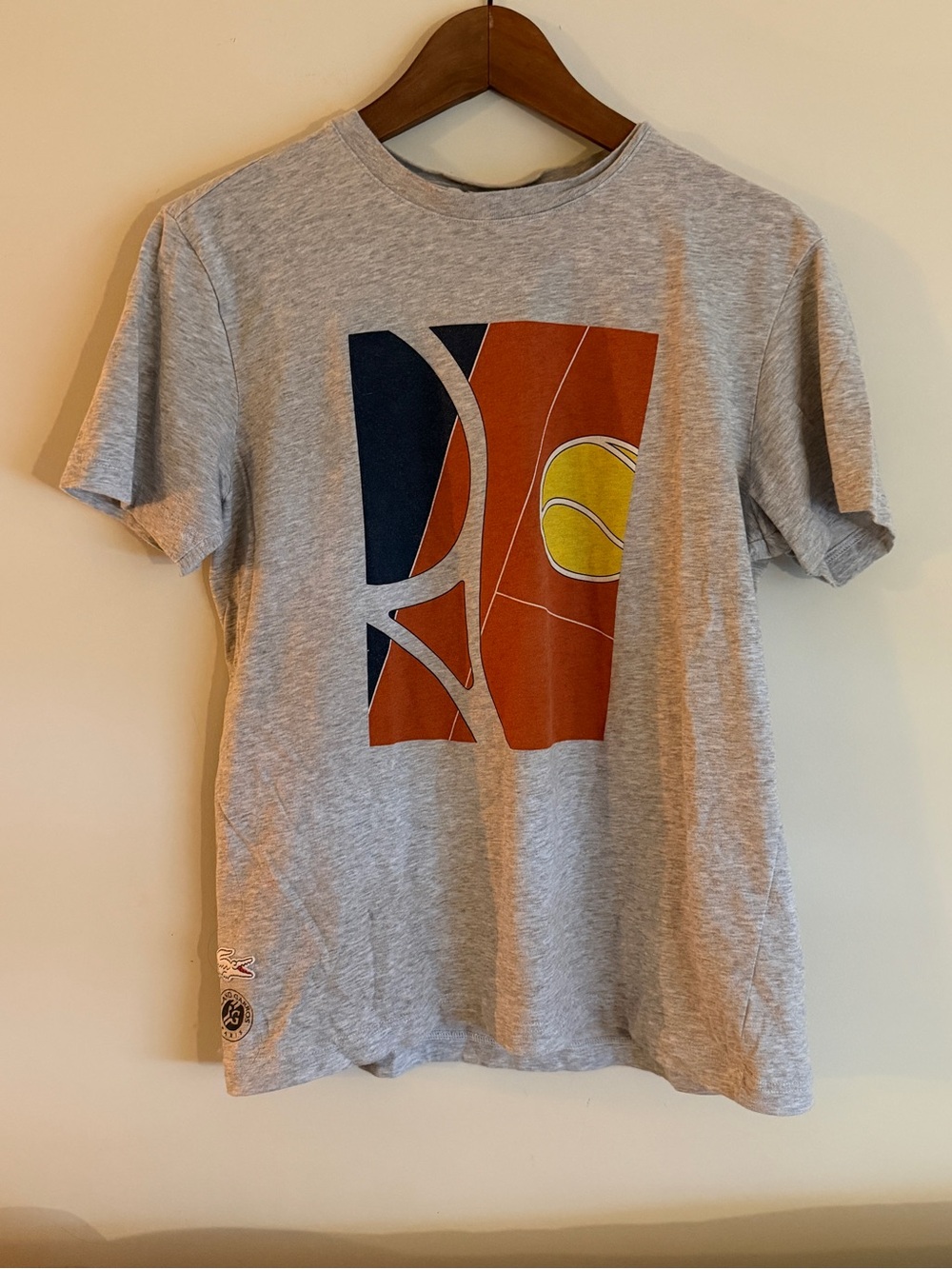 Lacoste Gray Tennis Tee with Orange, Navy & Yellow Graphic